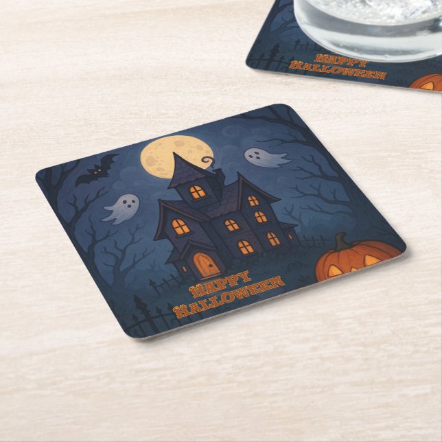 Whimsical Cute Spooky Haunted House | Halloween -  Square Paper Coaster (Angled)