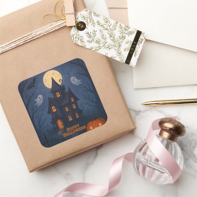 Whimsical Cute Spooky Haunted House | Halloween -  Square Sticker (Gifting)