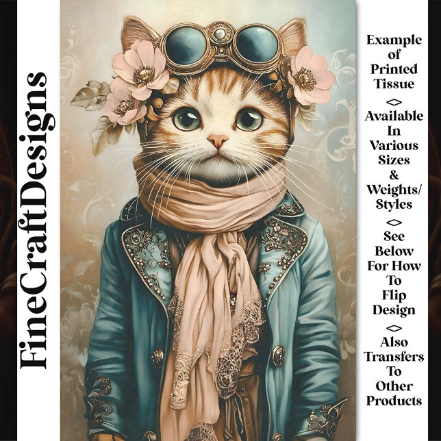 Whimsical Cute Steampunk Cat + Scarf BH2 Decoupage Tissue Paper (Creator Uploaded)