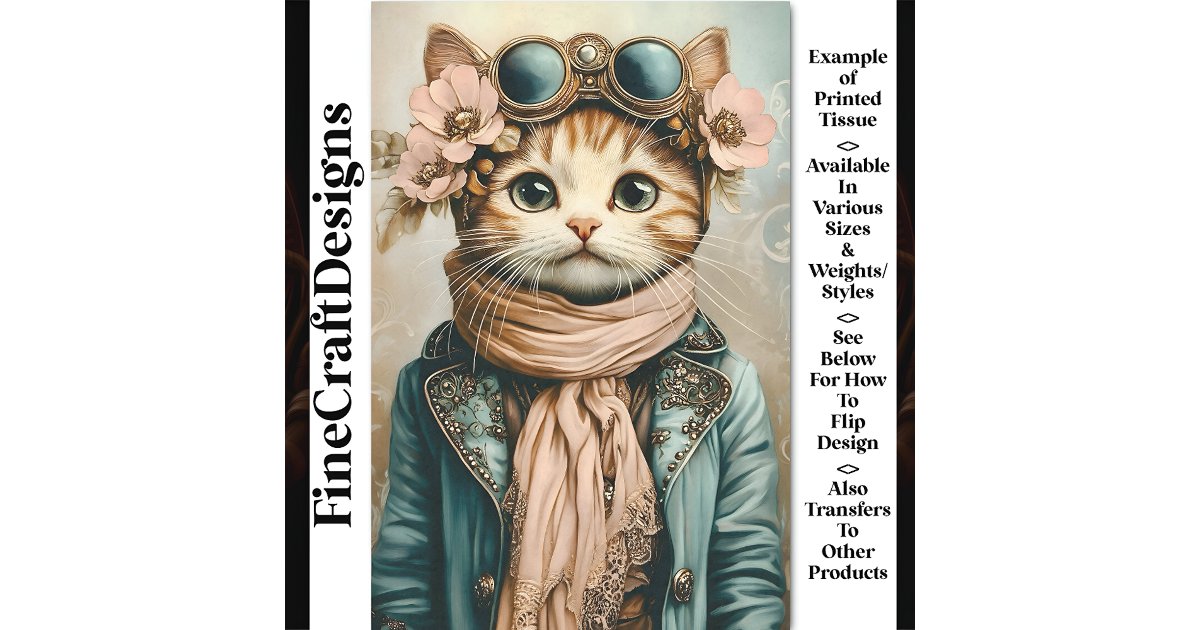 Whimsy Os Whimsical Cute Steampunk Cat + Scarf BH3 Decoupage Tissue Paper | Zazzle