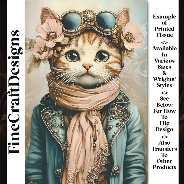 Whimsical Cute Steampunk Cat + Scarf BH3 Decoupage Tissue Paper (Creator Uploaded)