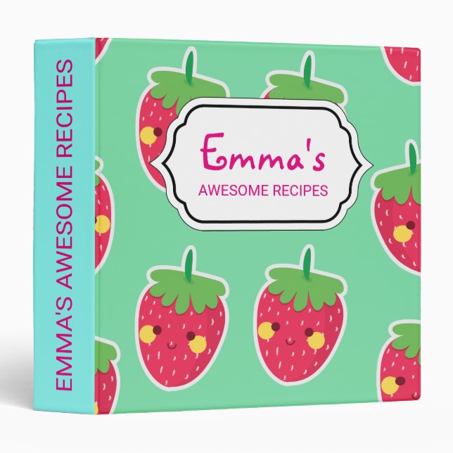 Whimsical Cute Strawberries character pattern 3 Ring Binder (Front/Spine)