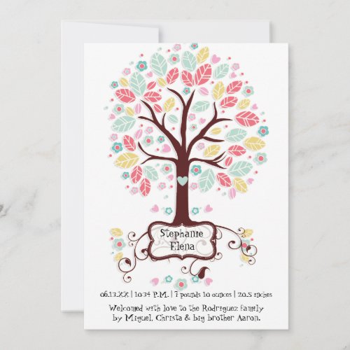 Whimsical Cute Swirl Heart Flower Tree Baby Photo Announcement