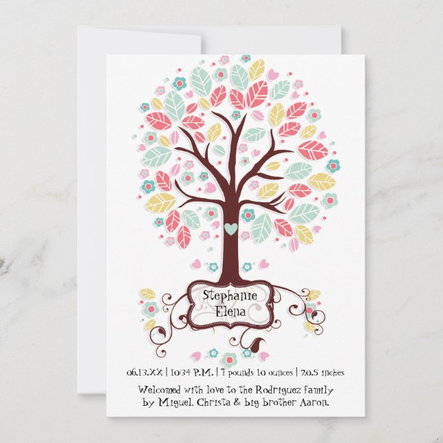 Whimsical Cute Swirl Heart Flower Tree Baby Photo Announcement (Front)