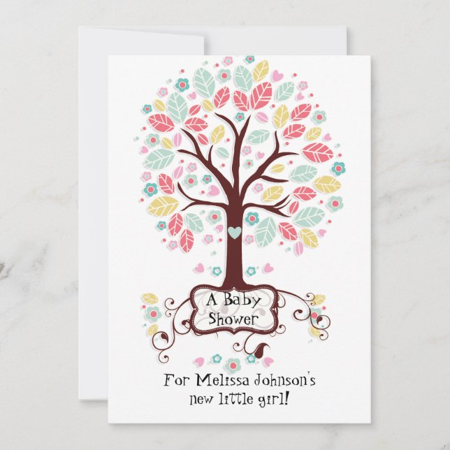 Whimsical Cute Swirl Heart Flower Tree Baby Photo Invitation (Front)