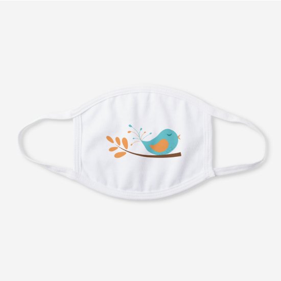 Whimsical Cute Teal and Orange Bird on Branch White Cotton Face Mask