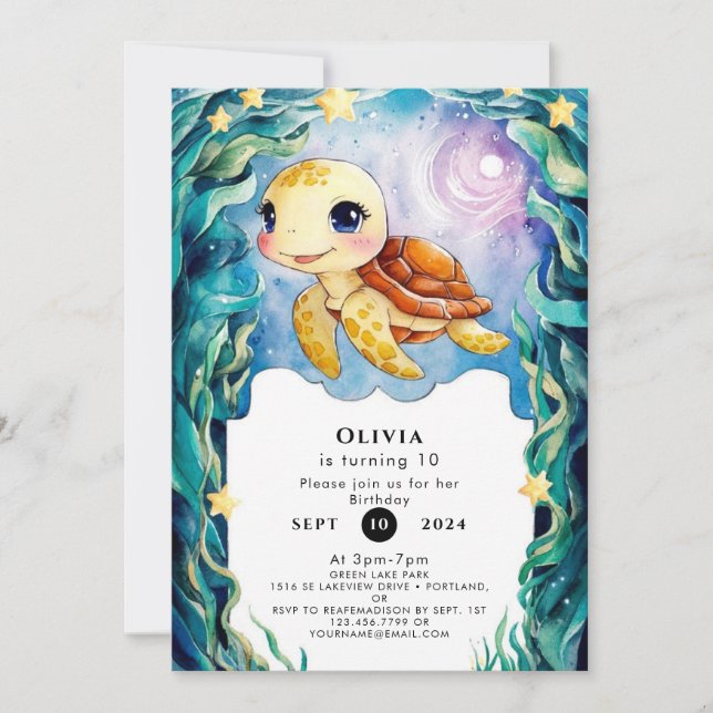 Whimsical Cute Underwater Turtle Birthday Invitation (Front)