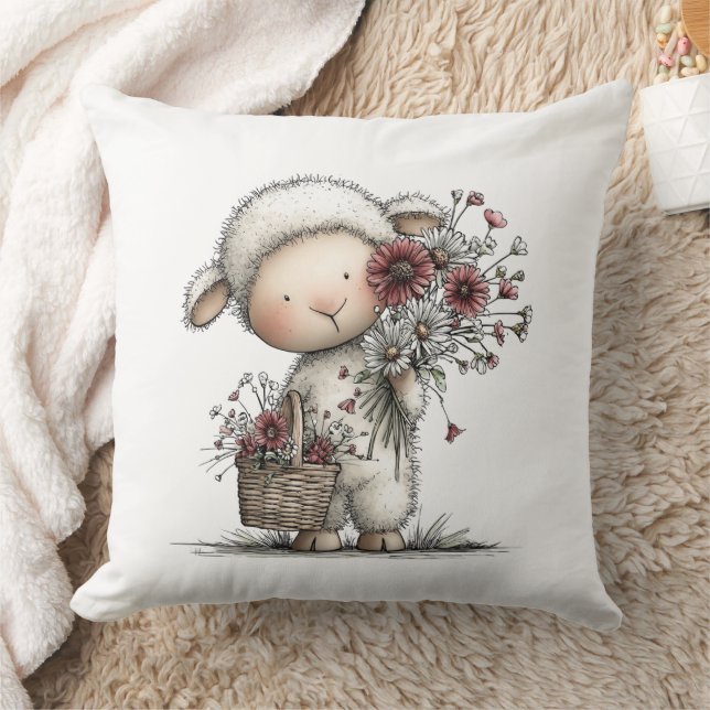 Whimsical Cute Watercolor Sheep Throw Pillow (Blanket)