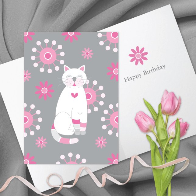 Whimsical Cute White Cat Birthday Card (Creator Uploaded)