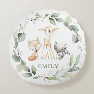 Whimsical Cute Woodland Animals Greenery Wreath Round Pillow
