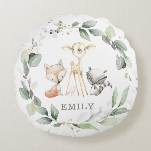 Whimsical Cute Woodland Animals Greenery Wreath Round Pillow