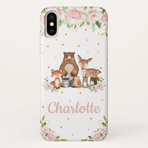 Whimsical Cute Woodland Animals Pink Blush Floral iPhone XS Case