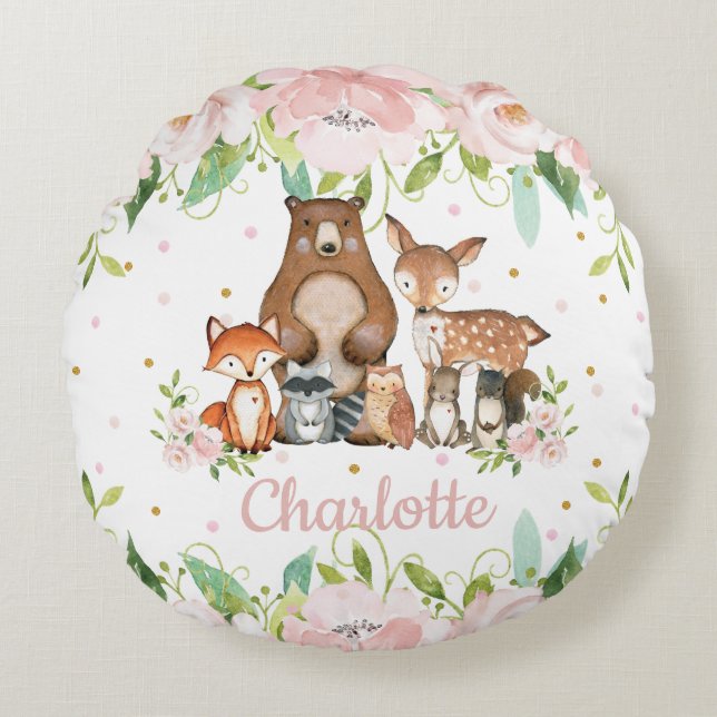 Whimsical Cute Woodland Animals Pink Blush Floral Round Pillow (Front)