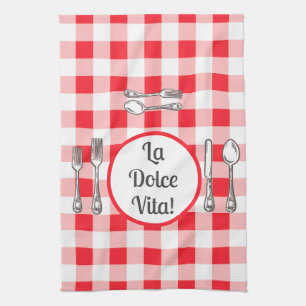 Whimsical Cutlery Dolce Vita Red Check Kitchen Towel