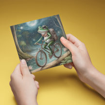 Whimsical Cycling Frog Night Forest Holiday Card