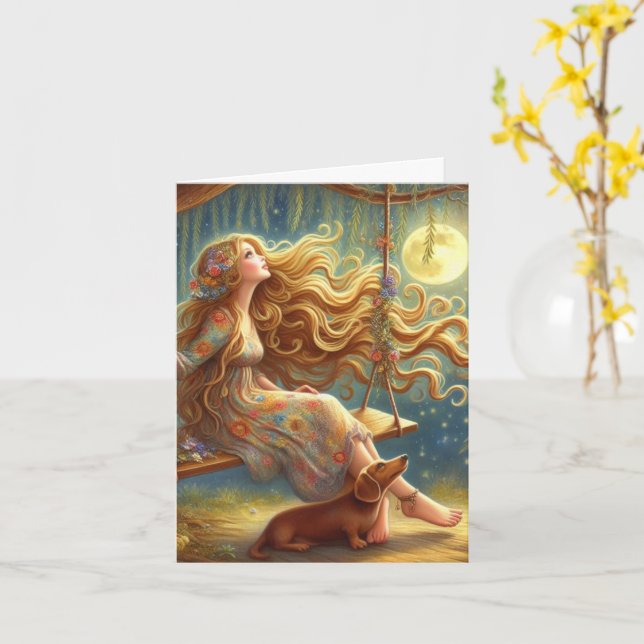 Whimsical Dachshund and Girl Downloadable Card (Yellow Flower)