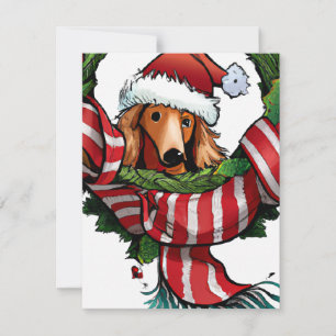 Whimsical Dachshund and Wreath Christmas Greeting Holiday Card