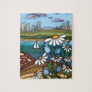 Whimsical Daisies and City Skyline Jigsa Jigsaw Puzzle
