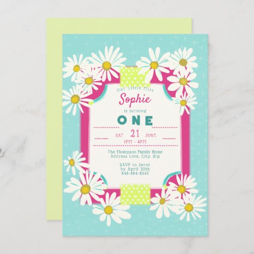 Whimsical Daisies Floral Frame Our Little Miss One Invitation