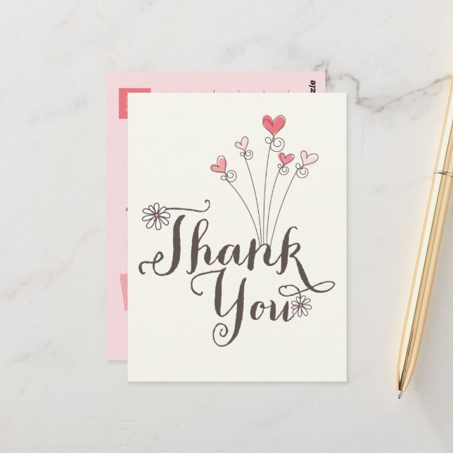 Whimsical Daisies Pink Hearts Birthday Thank You Postcard (Front/Back In Situ)