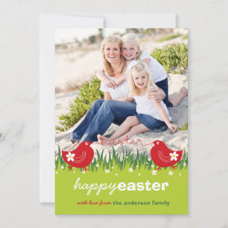 Whimsical Daisies Red Chicks Easter Photo Card