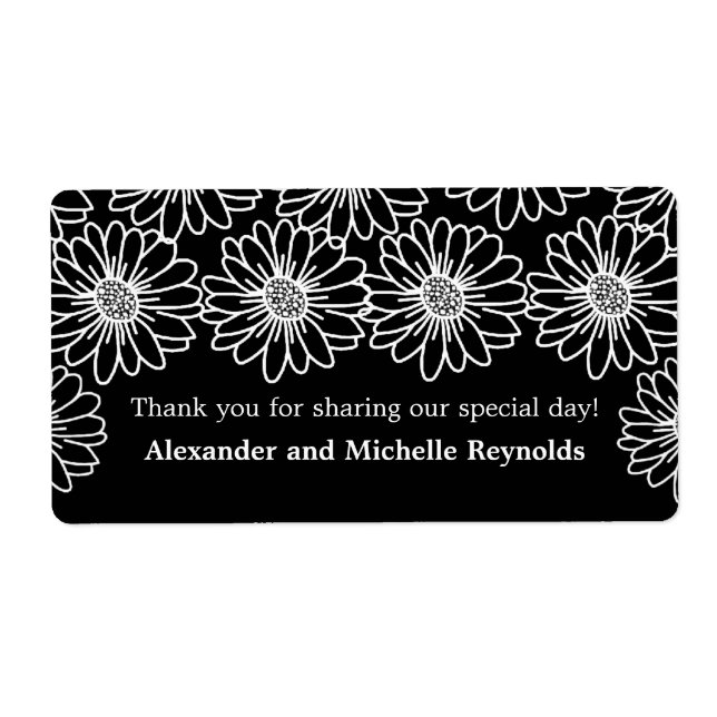 Whimsical Daisies Wedding Labels, Black Label (Front)