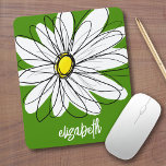 Whimsical Daisy - avocado green trendy script name Mouse Pad<br><div class="desc">A zen and whimsical drawing of a daisy. The modern lines are hand-drawn and include white petals and a yellow center for the flower. The background is a vibrant green - and the name is a trendy script in white. You can add a name, monogram or other custom text. If...</div>