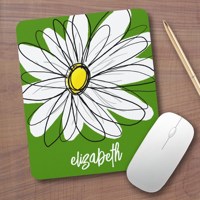 Whimsical Daisy - avocado green trendy script name Mouse Pad (Custom Mouse Pad - Add Name to this whimsical daisy design)
