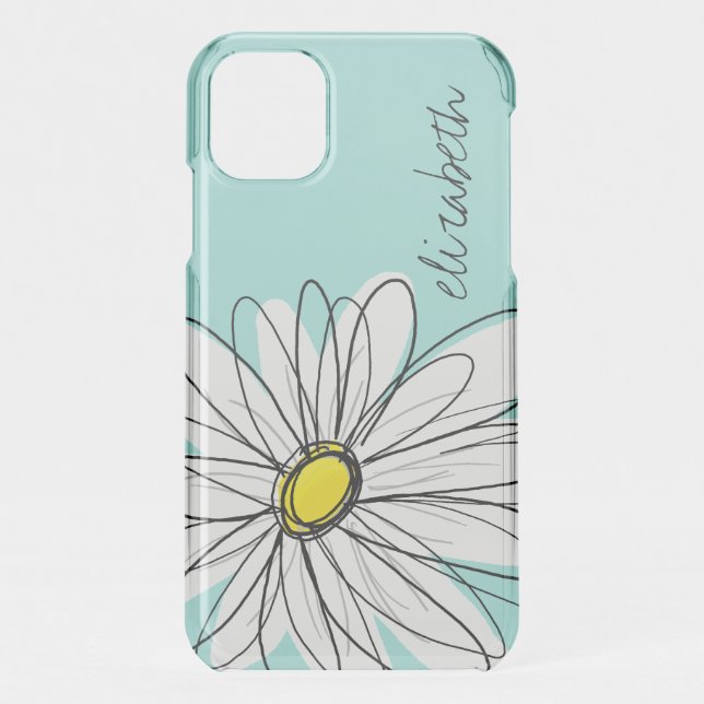 Whimsical Daisy Black Script Name Hint of Aqua Uncommon iPhone Case (Back)