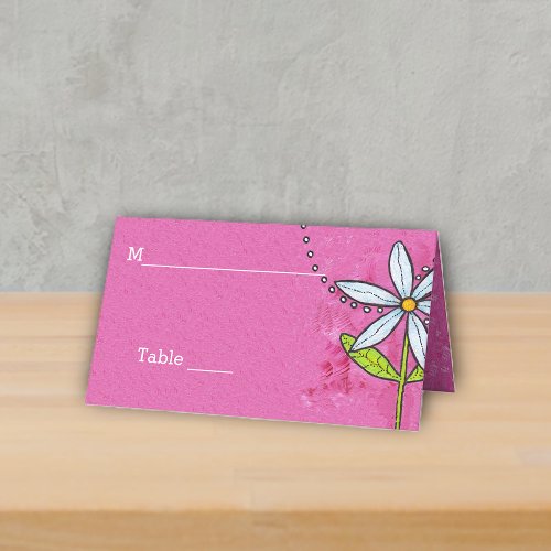 Whimsical Daisy Flower Leaves on Bright Pink Place Card
