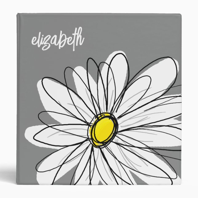 Whimsical Daisy - gray - trendy script name 3 Ring Binder (Front)