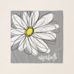 Whimsical Daisy - grey - trendy script name Scarf<br><div class="desc">A zen and whimsical drawing of a daisy. The modern lines are hand-drawn and include white petals and a yellow center for the flower. The background is a soft, pastel grey - and the name is a trendy script in white. You can add a name, monogram or other custom text....</div>