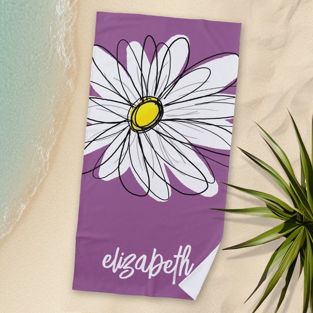 Whimsical Daisy - orchid - trendy script name Beach Towel (Personalized Beach Towel with Daisy and Text)