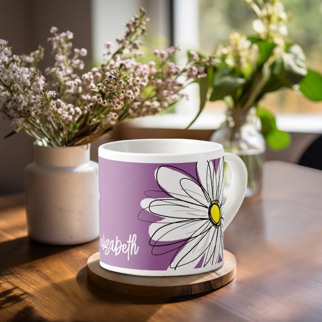 Whimsical Daisy - orchid - trendy script name Espresso Cup (Personalized espresso mug)