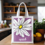 Whimsical Daisy - orchid - trendy script name Grocery Bag<br><div class="desc">A zen and whimsical drawing of a daisy. The modern lines are hand-drawn and include white petals and a yellow center for the flower. The background is a soft, pastel purple - and the name is a trendy script in white. You can add a name, monogram or other custom text....</div>