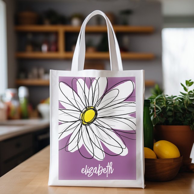 Whimsical Daisy - orchid - trendy script name Grocery Bag (Personalized grocery tote with whimsical daisy and custom text)