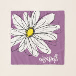 Whimsical Daisy - orchid - trendy script name Scarf<br><div class="desc">A zen and whimsical drawing of a daisy. The modern lines are hand-drawn and include white petals and a yellow center for the flower. The background is a soft, pastel purple - and the name is a trendy script in white. You can add a name, monogram or other custom text....</div>