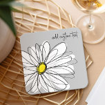 Whimsical Daisy - orchid - trendy script name Square Paper Coaster<br><div class="desc">A zen and whimsical drawing of a daisy. The modern lines are hand-drawn and include white petals and a yellow center for the flower. The background is a soft grey - and the name is a trendy script. You can add a name, monogram or other custom text. If you need...</div>