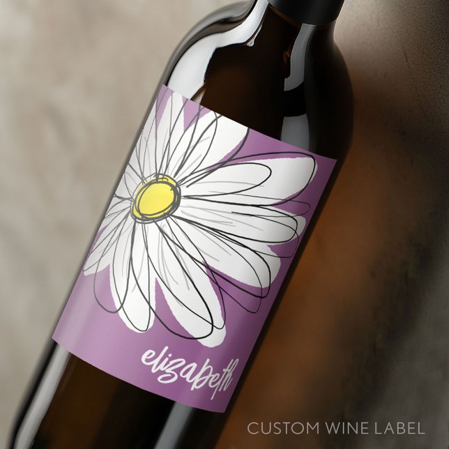Whimsical Daisy - orchid - trendy script name Wine Label (Custom Wine Bottle Label - Personalize a Sticker for a fun gift or memento)