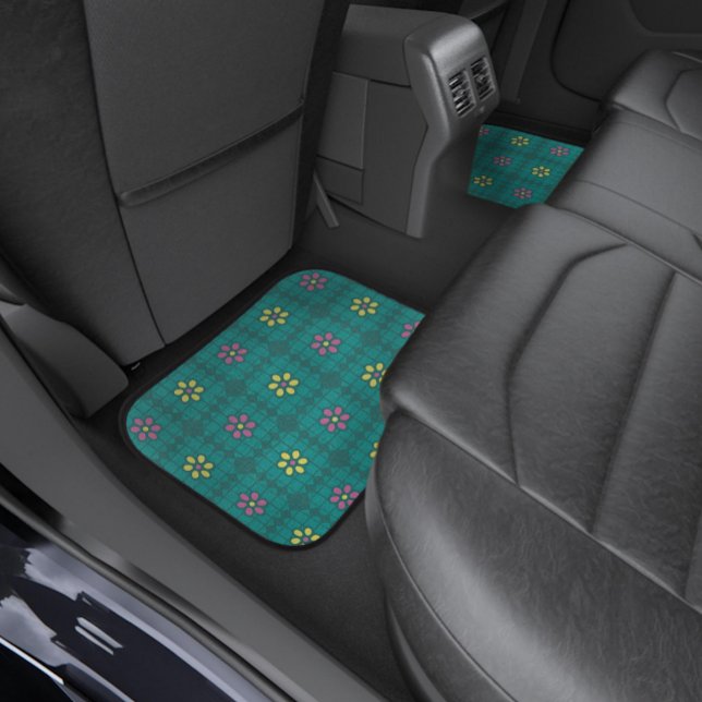 whimsical daisy pattern summer bright green grid car floor mat (Creator Uploaded)