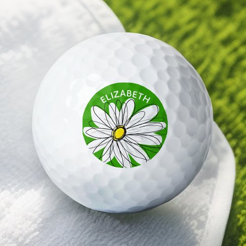 Whimsical Daisy with Name _ Green and Yellow Golf Balls