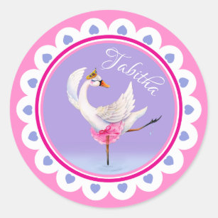 Whimsical dancing ballet swan purple personalized classic round sticker