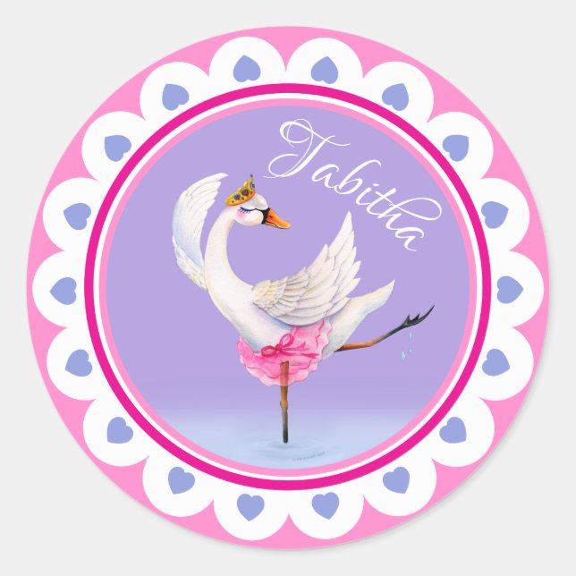 Whimsical dancing ballet swan purple personalized classic round sticker (Front)