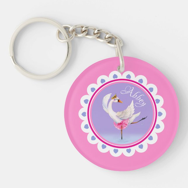 Whimsical dancing ballet swan purple personalized keychain (Front)