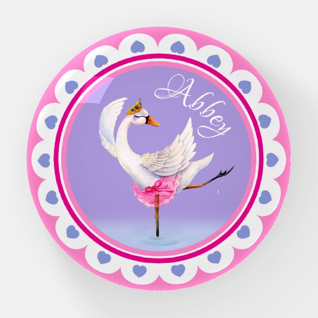 Whimsical dancing ballet swan purple personalized paperweight (Front)