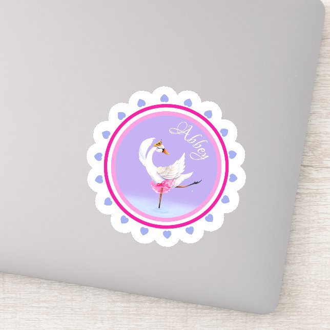 Whimsical dancing ballet swan purple personalized sticker (Detail)
