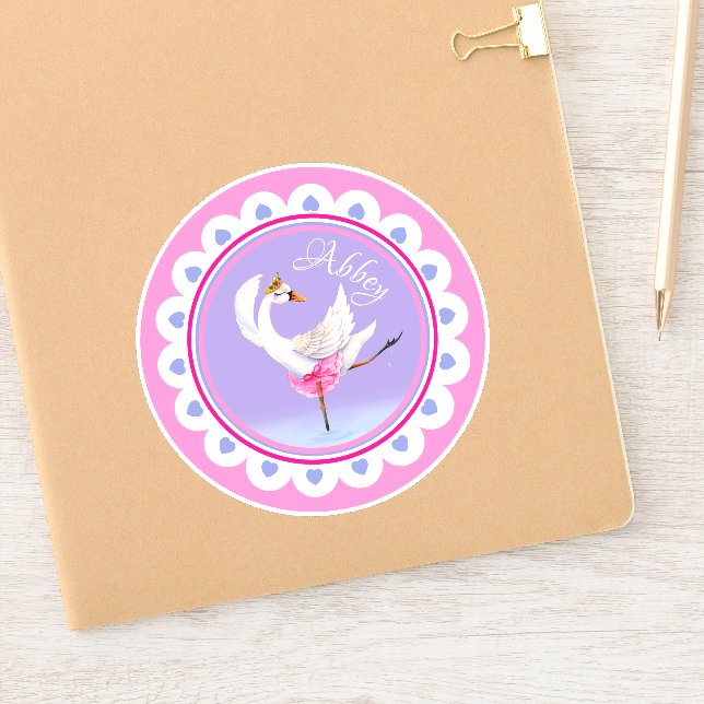 Whimsical dancing ballet swan purple personalized sticker (Notebook)