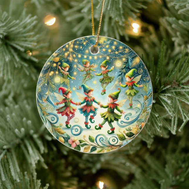 Whimsical Dancing Elves Ceramic Ornament (Tree)