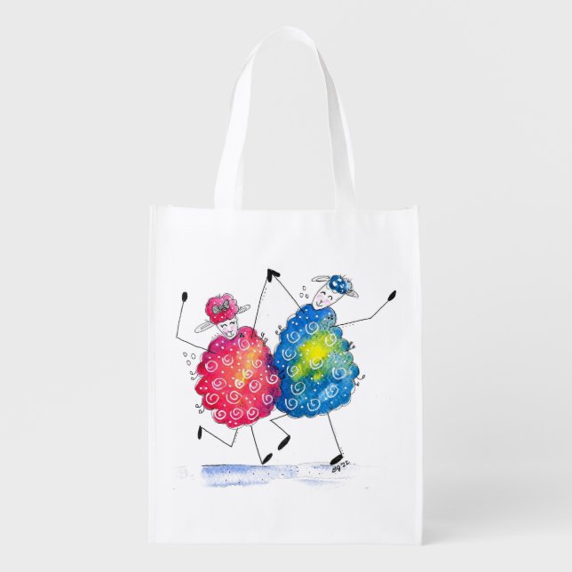 Whimsical Dancing Sheep Grocery Bag (Front)