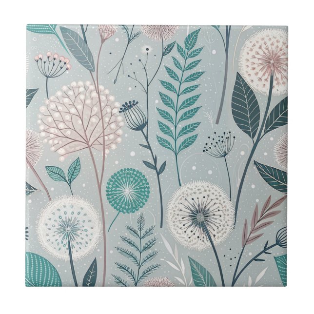 Whimsical Dandelion & Floral Folk Art Seamless (2) Ceramic Tile (Front)